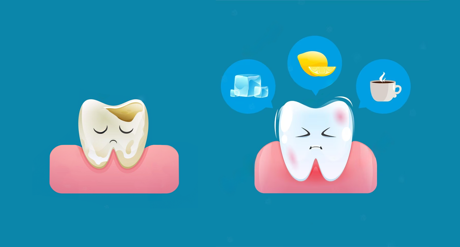 An illustration showing a healthy but sensitive tooth affected by lemon, coffee, and ice, contrasted with a yellow and broken unhealthy tooth.