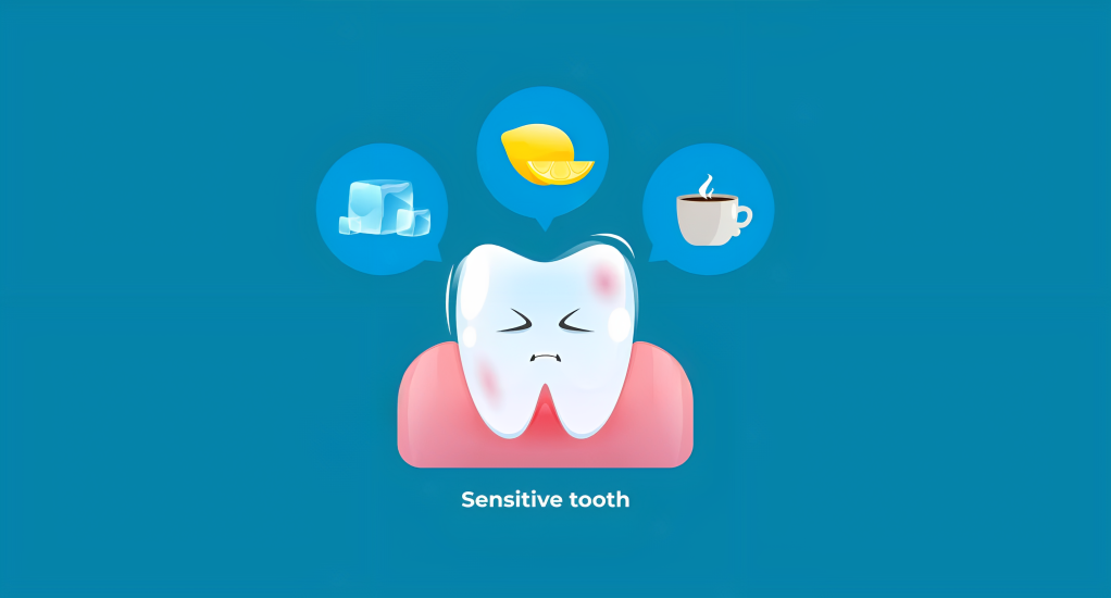 A graphic representation showing a lemon, ice cube, and coffee cup alongside a Tooth Sensitivity