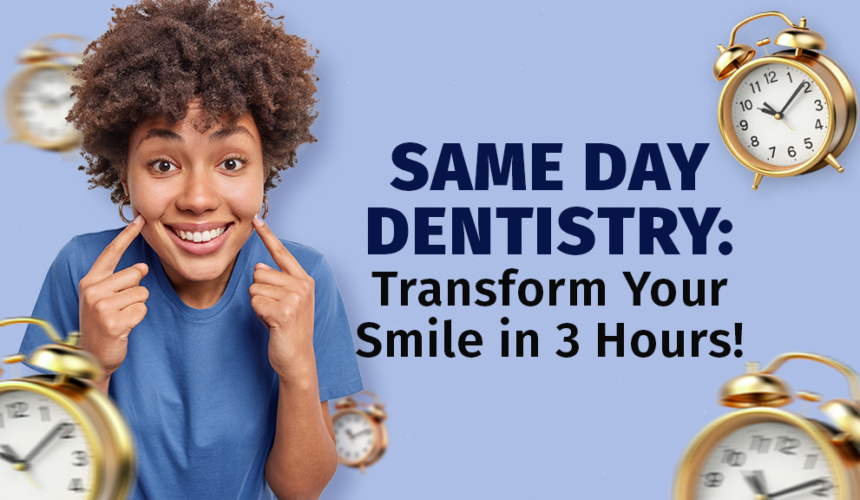 A smiling woman with a radiant smile showcasing the transformative power of same-day dentistry, surrounded by clocks symbolizing efficiency.