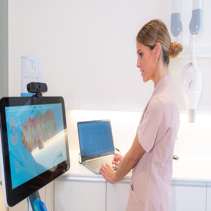 Technician using modern technology to analyse the scan results in a clinic