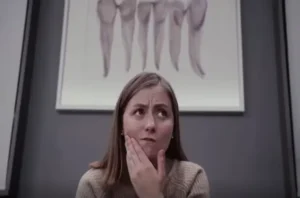 A woman holding her cheek with a worried expression, sitting in front of a framed dental diagram